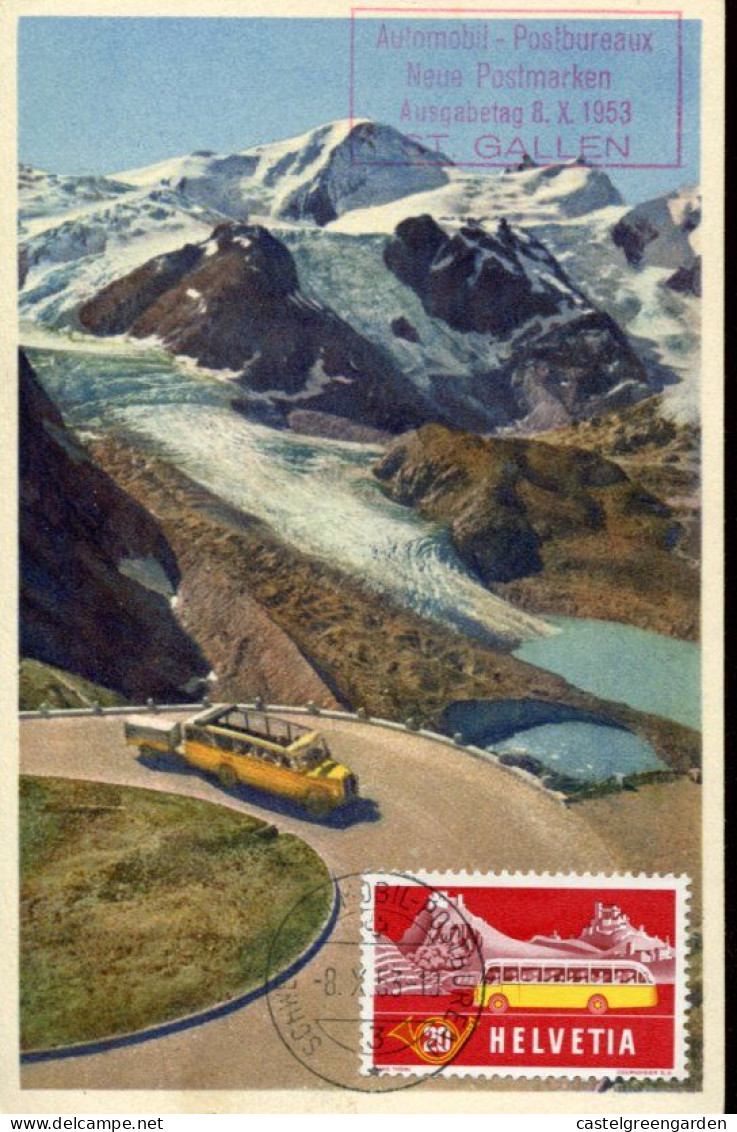 X0148 Switzerland,maximum 1953 Fdc Postauto In Der Berge, Automobil Postbureau St. Gallen - Cartas Máxima