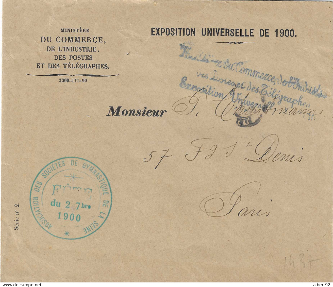 1900 Jeux Olympiques De Paris Dans Le Cadre De L'Exposition : Franchise Bleue + Cachet Bleu Du Concours De Gymnastique - Summer 1900: Paris