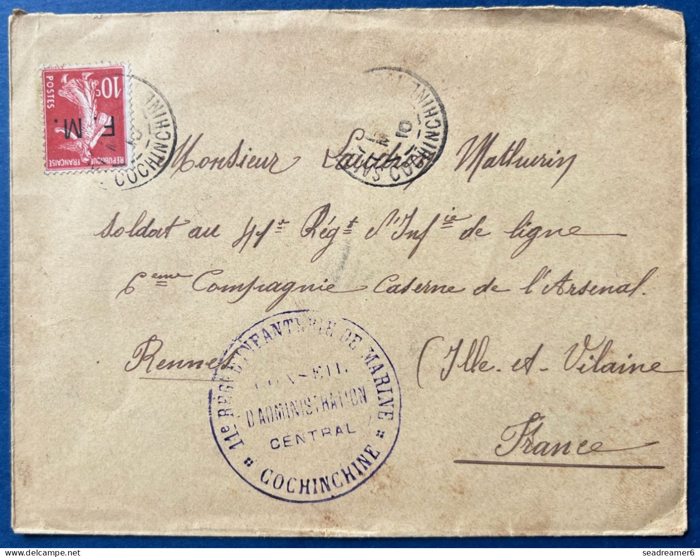 Lettre GD Cachet Violet FM N°5 10c Rouge Obl Dateur " SAIGON CENTRAL / COCINCHINE " 04/1910 Pour RENNES - Lettres & Documents