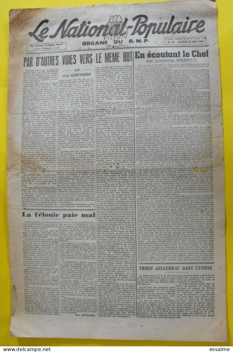 Le National-Populaire RNP N° 96 Du 20 Mai 1944. Collaboration Antisémite. Marcel Déat Doriot Milice  Zoretti - Guerre 1939-45