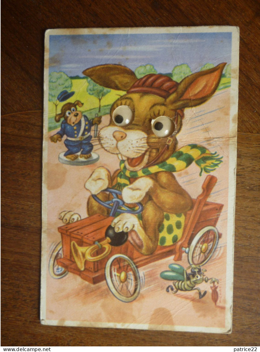 CPA Carte à Système DANEMARK MICHAELIS -  Yeux Mobiles En Verre - ATTELAGE LAPIN VOITURE AVEC CHIEN POLICIER COCCINELLE - Dreh- Und Zugkarten