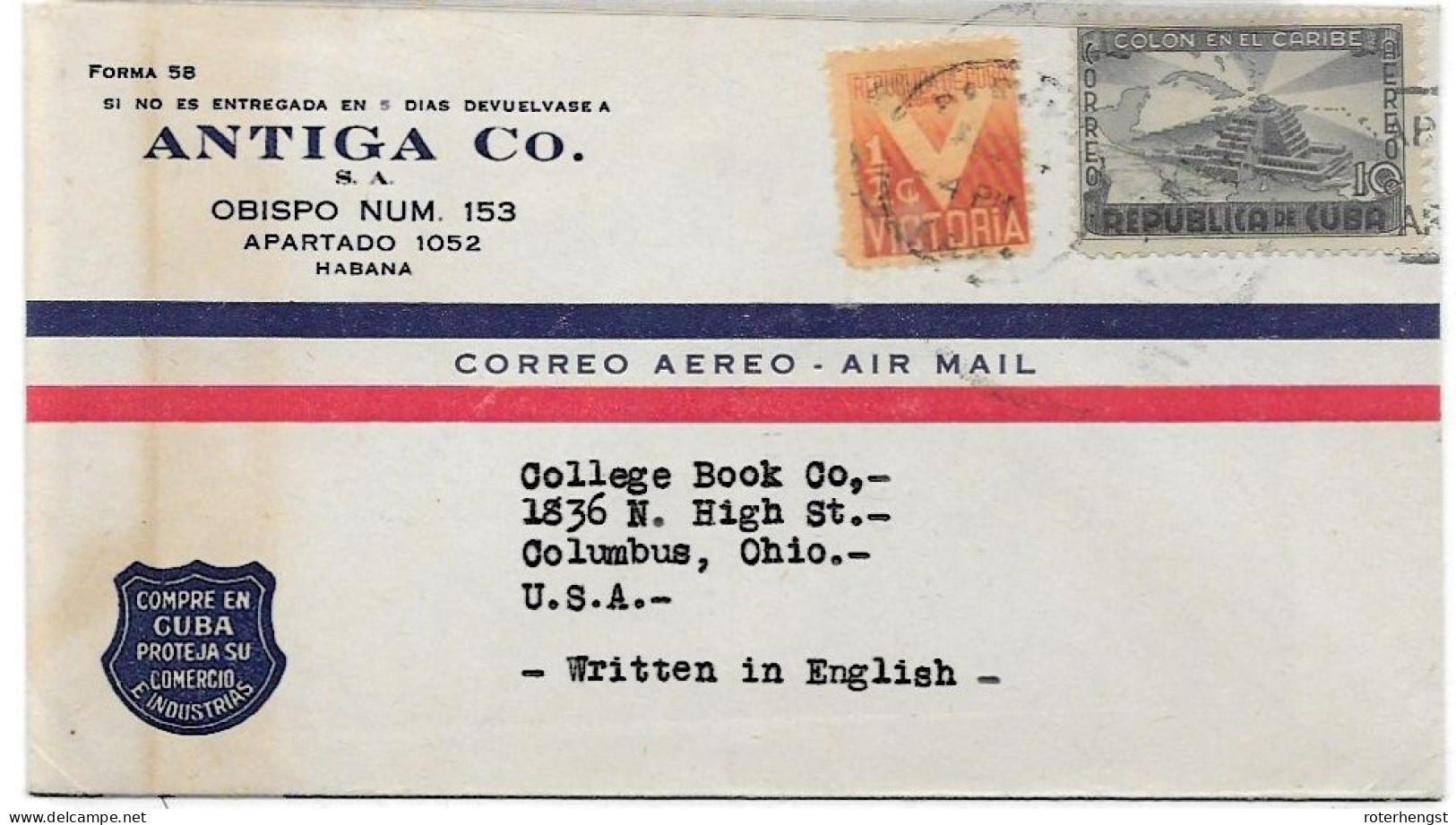 Cuba Habana Letter To USA Columbus With Good Airmail Stamp - Briefe U. Dokumente