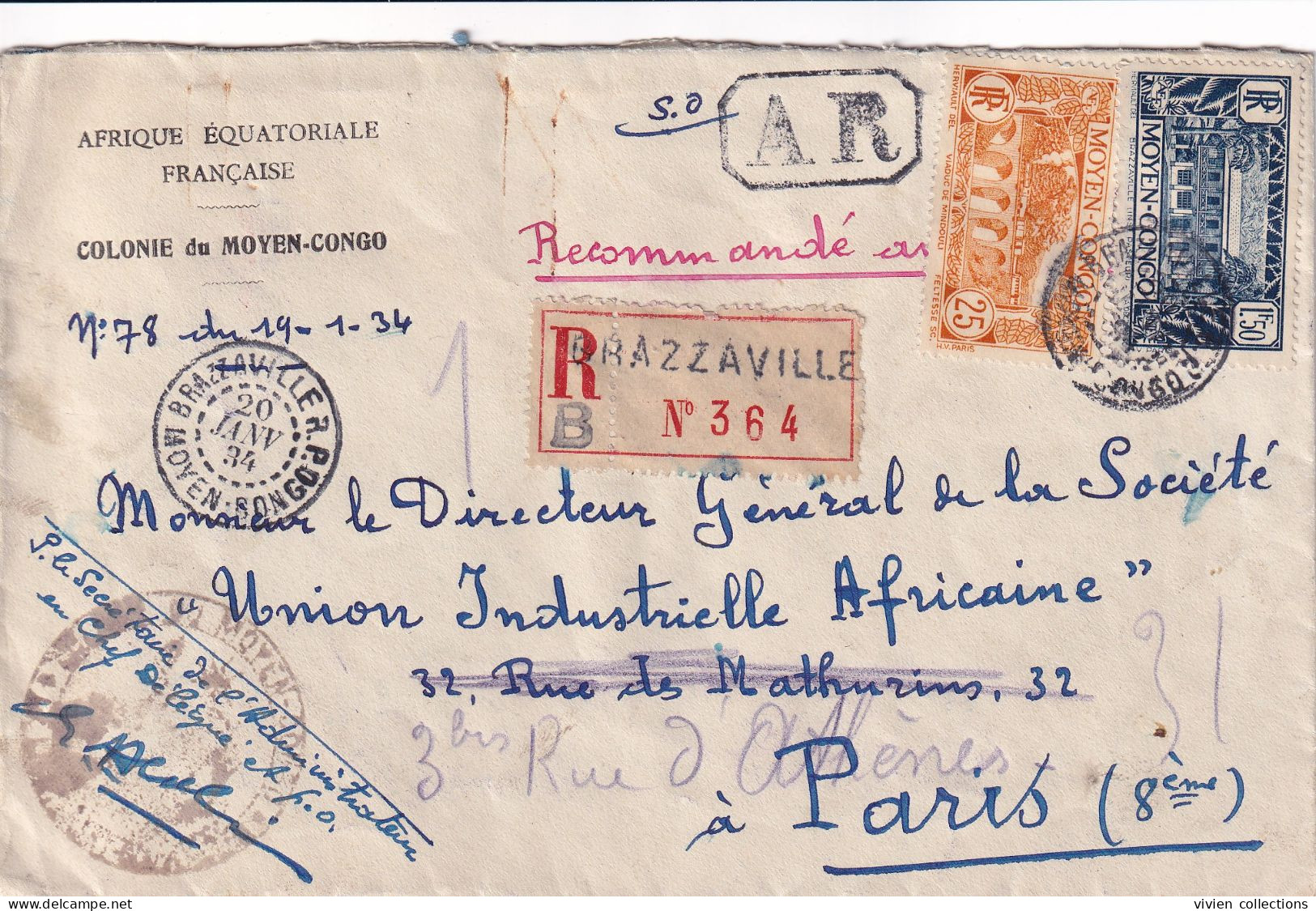 Congo Brazzaville 1934 Lettre Recommandée AR Du Secrétaire De L'administrateur En Chef Pour Paris - Storia Postale