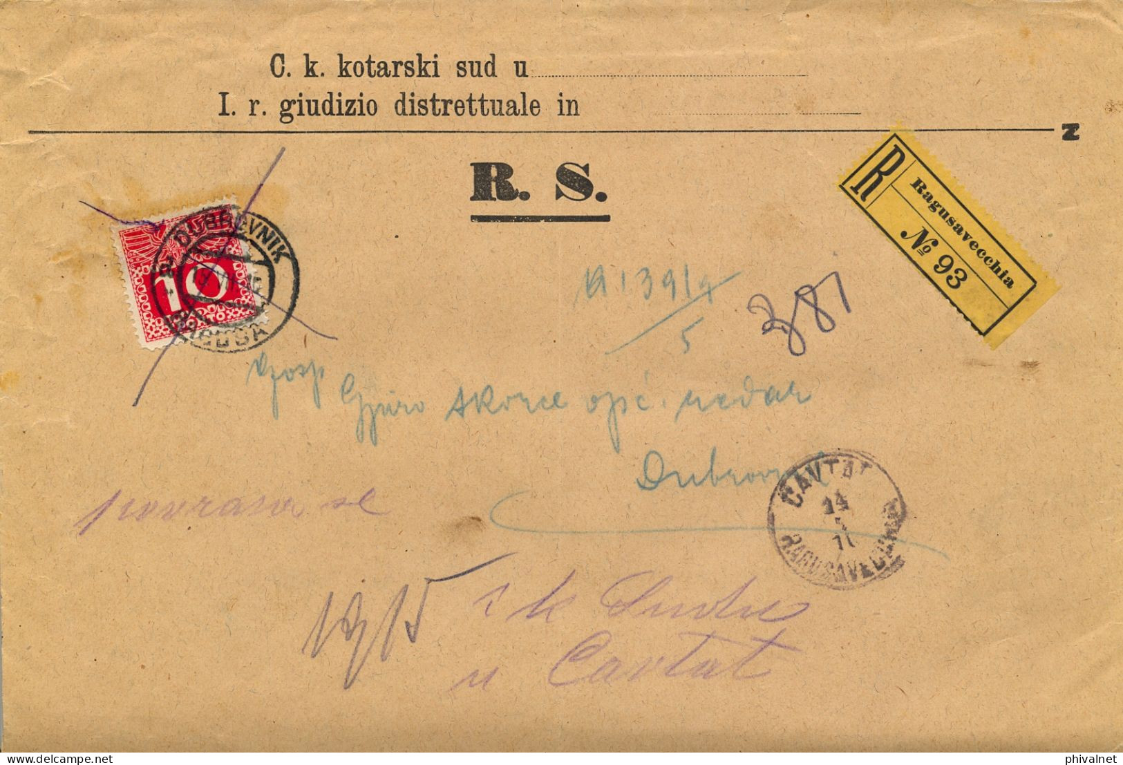 1910 CROACIA , CAVTAT / RAGUSAVECCHIA - DUBROVNIK ,  CERTIFICADO , SELLO DE TASA  AUSTRIACO YV. 38 - Croatia