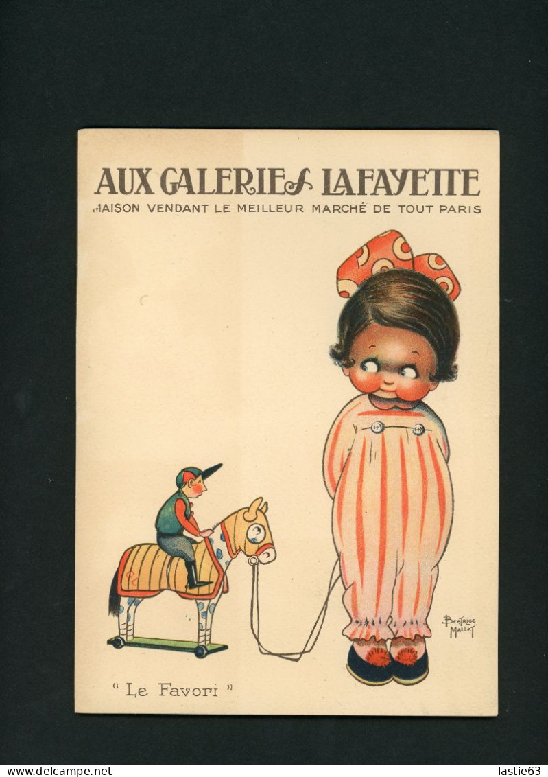 Grand CHROMO Galeries Lafayette  Béatrice Mallet  Cheval En Bois à Roulettes  Le Favori      22 X 16 Cm - Sonstige & Ohne Zuordnung