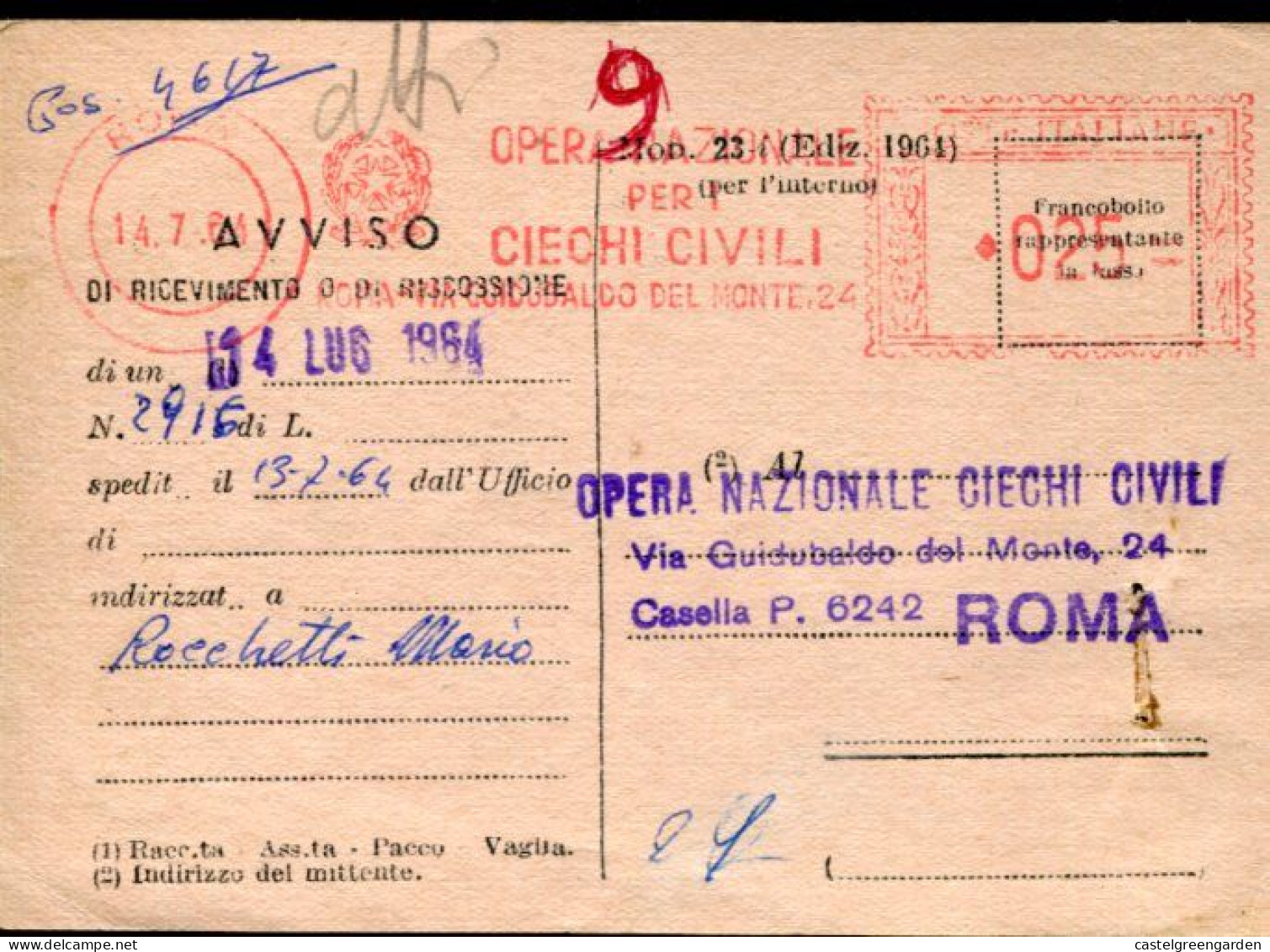 X0152 Italia, Red Meter Freistempel 1964 Roma,Opera Nazionale Ciechi Civili, Blind Assoc. Blinde,Aveugles - Franking Machines (EMA)