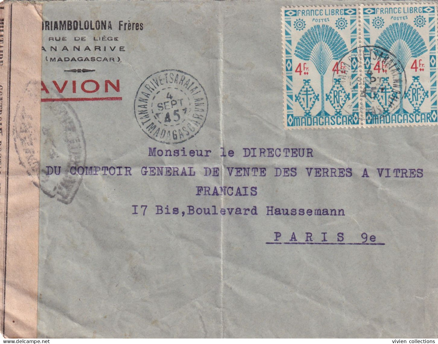Madagascar Tananarive Tsaralalana 04/09/1945 Lettre Par Avion Ouvert Par La Censure Militaire Correspondance Commerciale - Covers & Documents