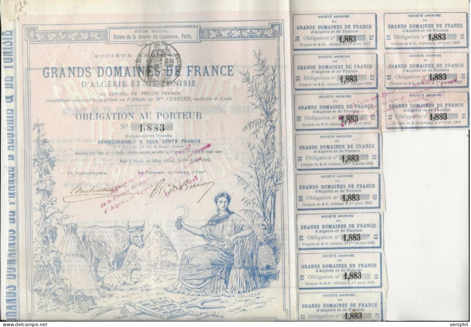 GRANDS DOMAINES DE FRANCE D'ALGERIE ET DE TUNISIE - OBLIGATION ILLUSTREE - ANNEE 1895 - Landwirtschaft