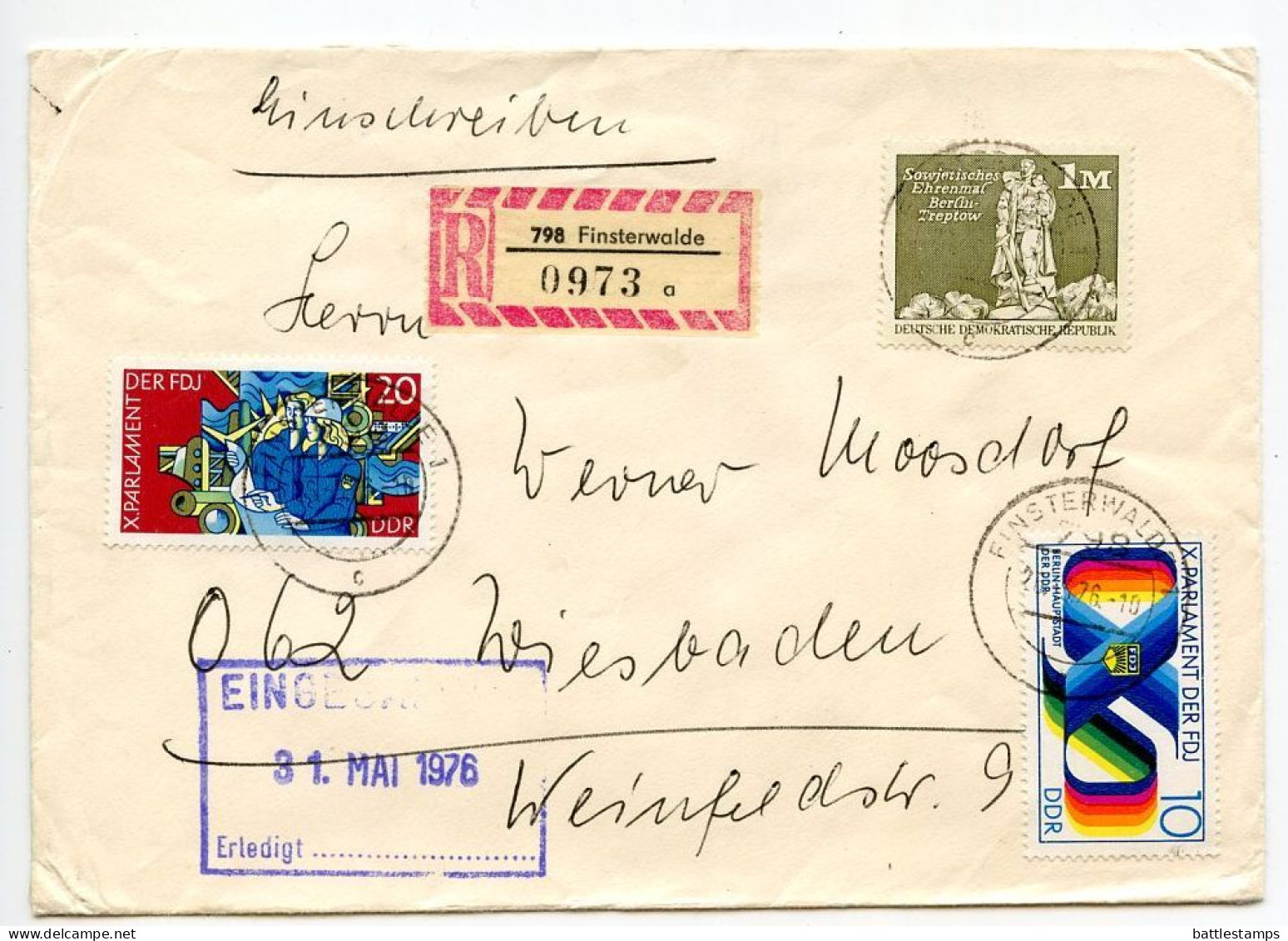 Germany, East 1976 Registered Cover; Finsterwalde To Wiesbaden; Mix Of Stamps - Lettres & Documents