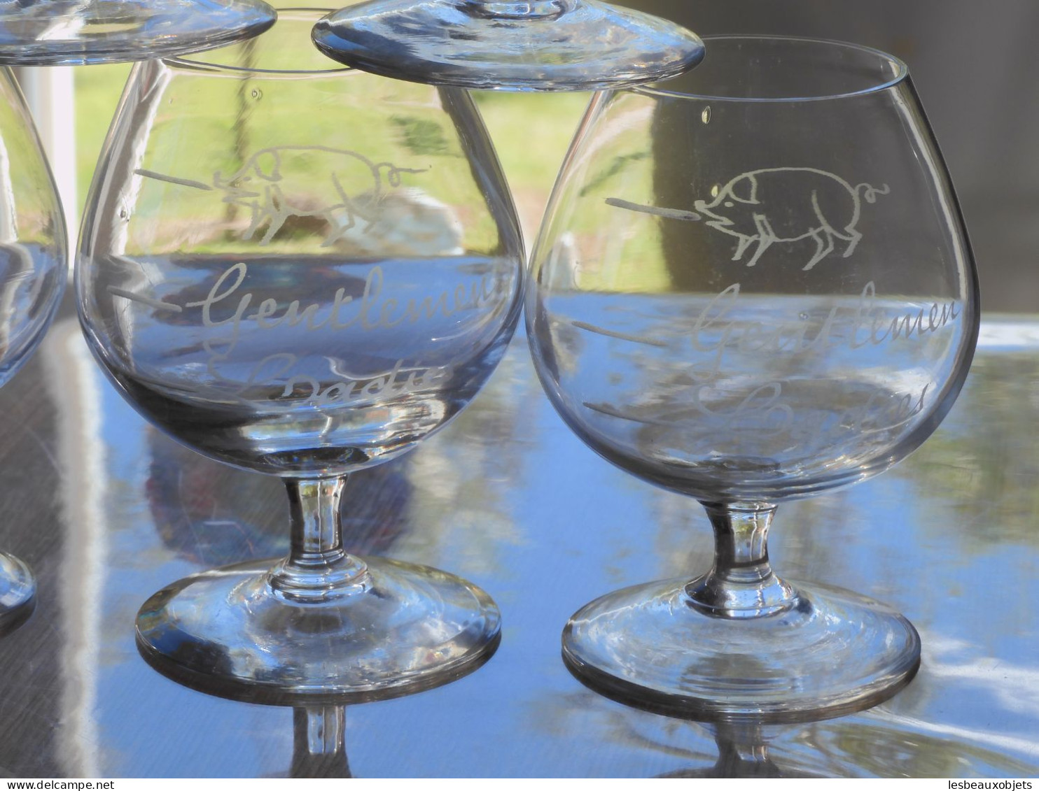 -5 ANCIENS VERRES à COGNAC Verre Gravé LADIES GENTLEMEN & 1 COCHON VITRINE      E - Glass & Crystal