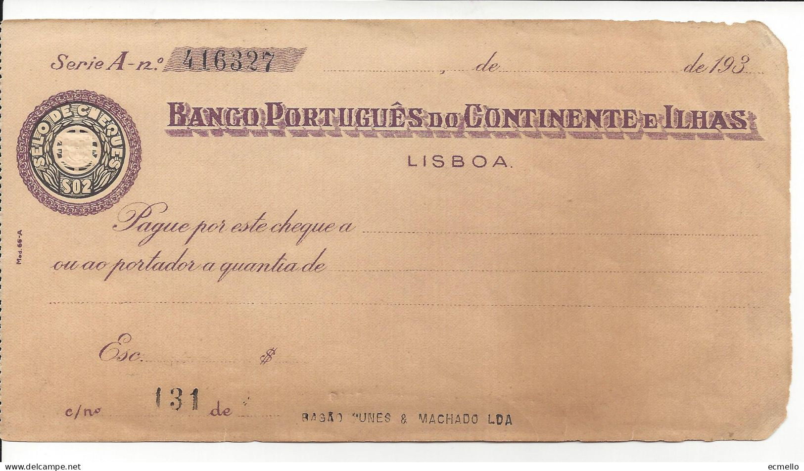 PORTUGAL CHECK BANCO PORTUGUÊS DO CONTINENTE E ILHAS, 1930'S SCARCE - Cheques & Traverler's Cheques