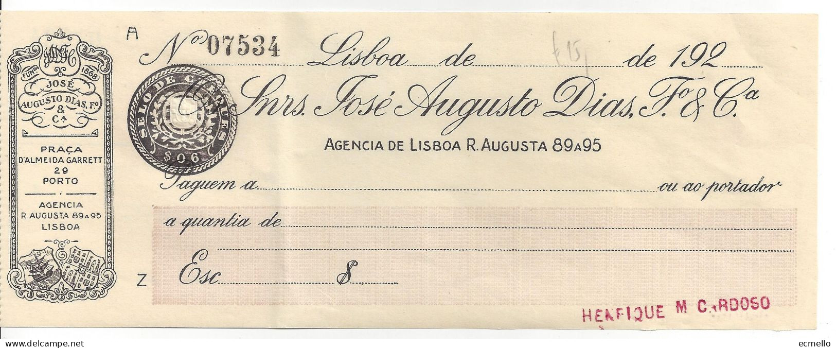 PORTUGAL CHECK BANCO JOSÉ AUGUSTO DIAS  & CIA, LISBOA, 1920'S SCARCE - Assegni & Assegni Di Viaggio