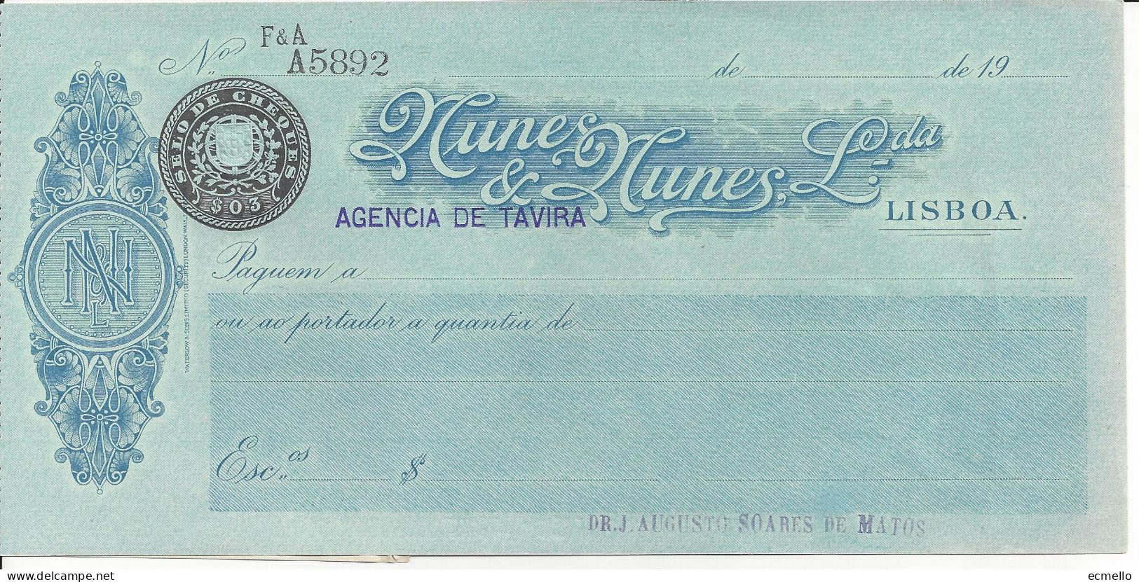 PORTUGAL CHECK BANCO NUNES & NUNES LTDA, LISBOA AG TACHIRA, 1920'S SCARCE - Schecks  Und Reiseschecks