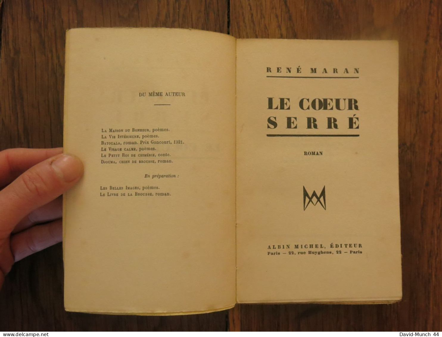 Le Cœur Serré De René Maran. Albin Michel, éditeur, Paris. 1931, édition Originale Sur Alfa - 1901-1940