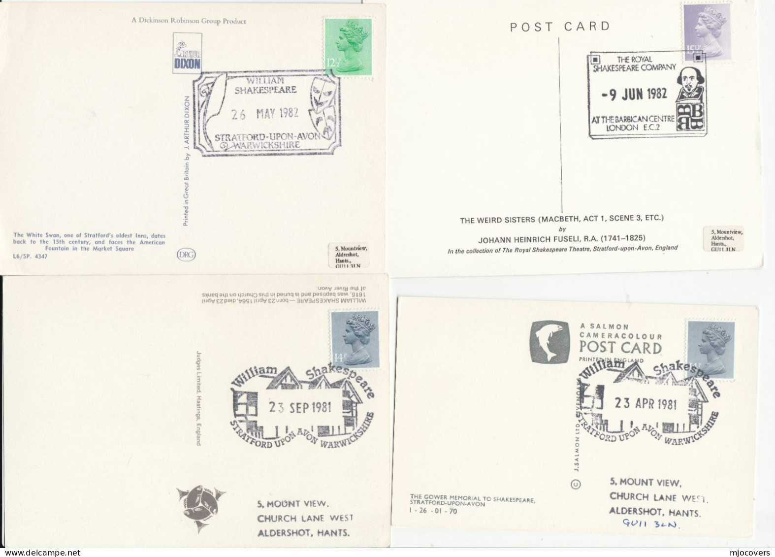 Collection 12  Shakespeare EVENT Covers (11 STRATFORD UPON AVON, 1 Barbican)  1972- 1991 GB stamps