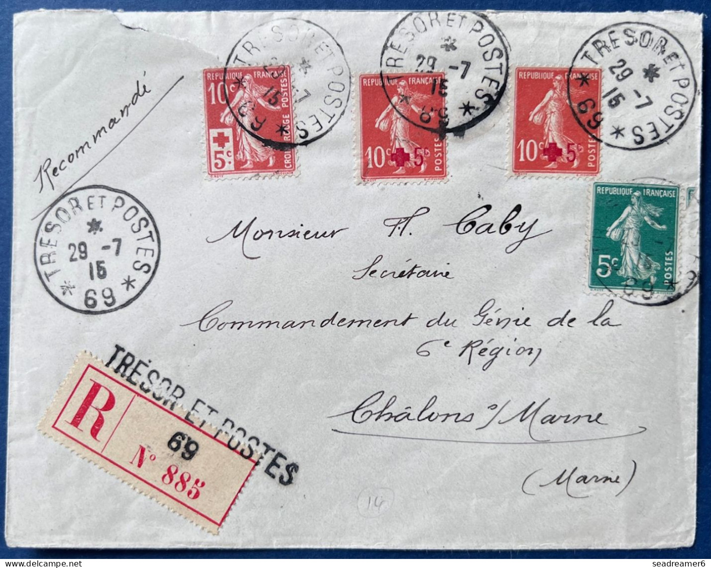 Lettre Recommandée Semeuse Croix Rouge N°137, 146 X2 & 147 Oblitérés Dateur " TRESOR Et POSTES *69* " Pour Chalons TTB - Bolli Militari A Partire Dal 1900 (fuori Dal Periodo Di Guerra)