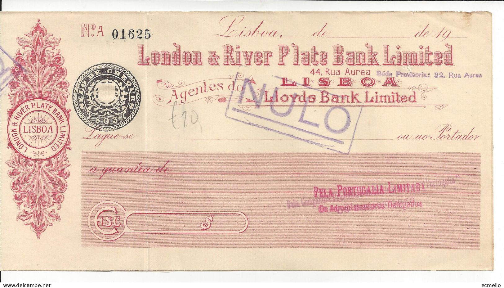 PORTUGAL CHECK BANCO LONDON AND RIVERPLATE BANK LTD. LISBOA , 1910'S SCARCE!!! - Cheques En Traveller's Cheques