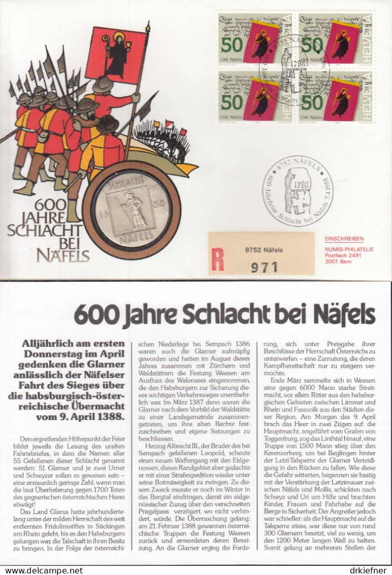 SCHWEIZ Numisbrief Mit 18 G Silber-Medaille, 1988, Stempel Bern, Marke Mi.Nr.4x 1366, 600 Jahre Schlacht Bei Näfels - Cartas & Documentos