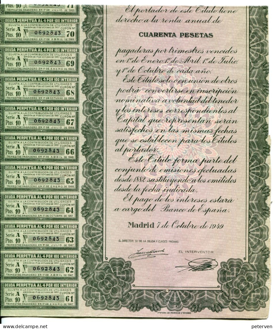 DEUDA PERPETUA De ESPANA; Emision De 1949 - Banca & Assicurazione