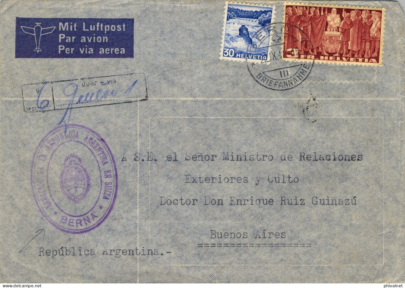 1942 BERNA - BUENOS AIRES , CORREO CONSULAR , LEGACIÓN DE LA REPÚBLICA ARGENTINA EN SUIZA , CORREO AÉREO - Covers & Documents