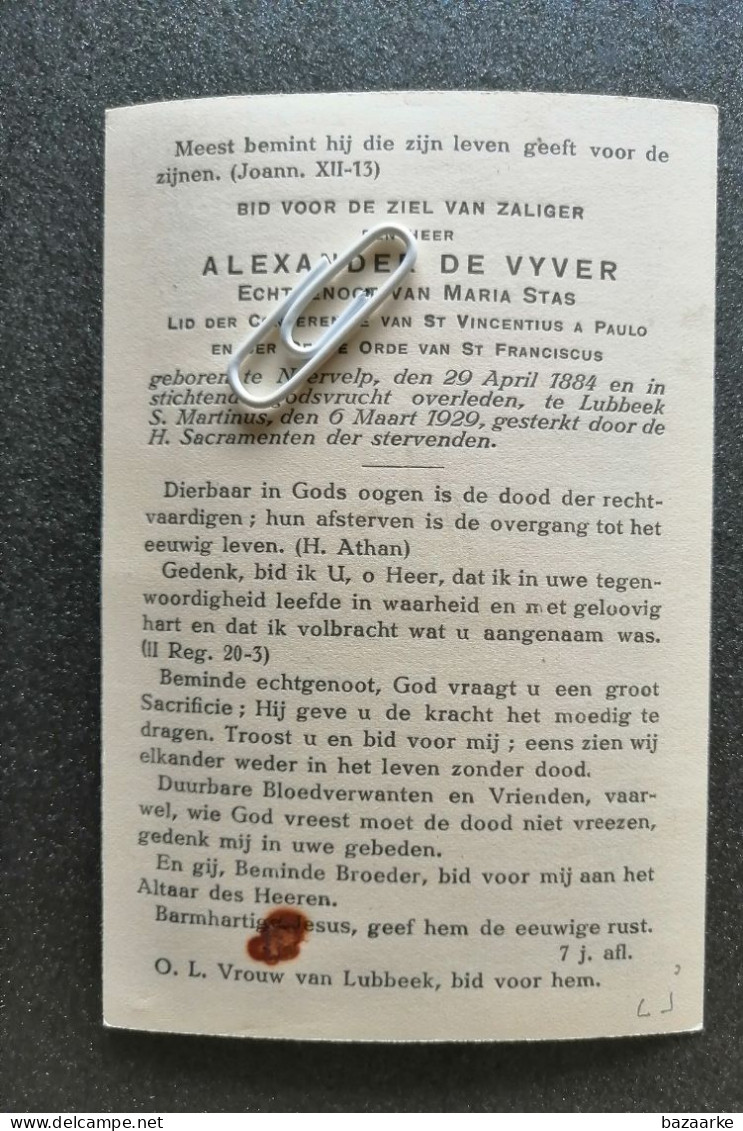 ALEXANDER DE VYVER ° NEERVELP 1884 + LUBBEEK 1929 / MARIA STAS - Andachtsbilder