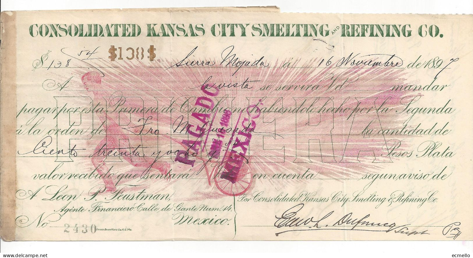 MEXICO CHECK BANK CONSOLIDATED KANSAS CITY SMELTING AND REF. AG. SIERRA MOJADA ,1897 FISCALS!! - Cheques & Traverler's Cheques