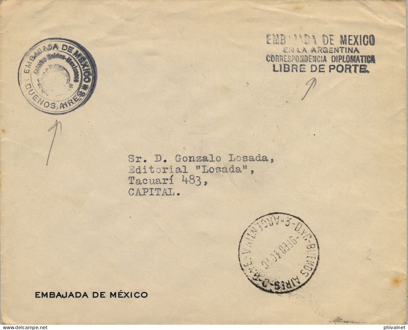 1940 CORREO CONSULAR , EMBAJADA DE MÉXICO EN BUENOS AIRES , CORRESPONDENCIA DIPLOMÁTICA , LIBRE DE PORTE - Storia Postale