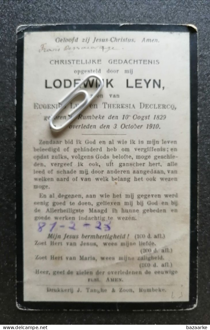 LODEWIJK LEYN ° RUMBEKE 1829 + 1910 / ZOON VAN EUGENIUS EN THERESIA DECLERCQ - Andachtsbilder