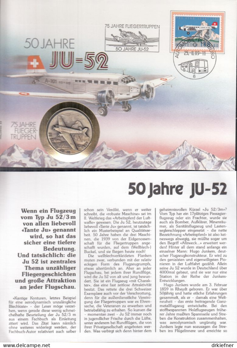 SCHWEIZ Numisbrief Mit 20 G Silber-Medaille, 1989, Stempel Automobil Postbüro, Marke Mi.Nr.1369, 50 Jahre JU 52 - Cartas & Documentos