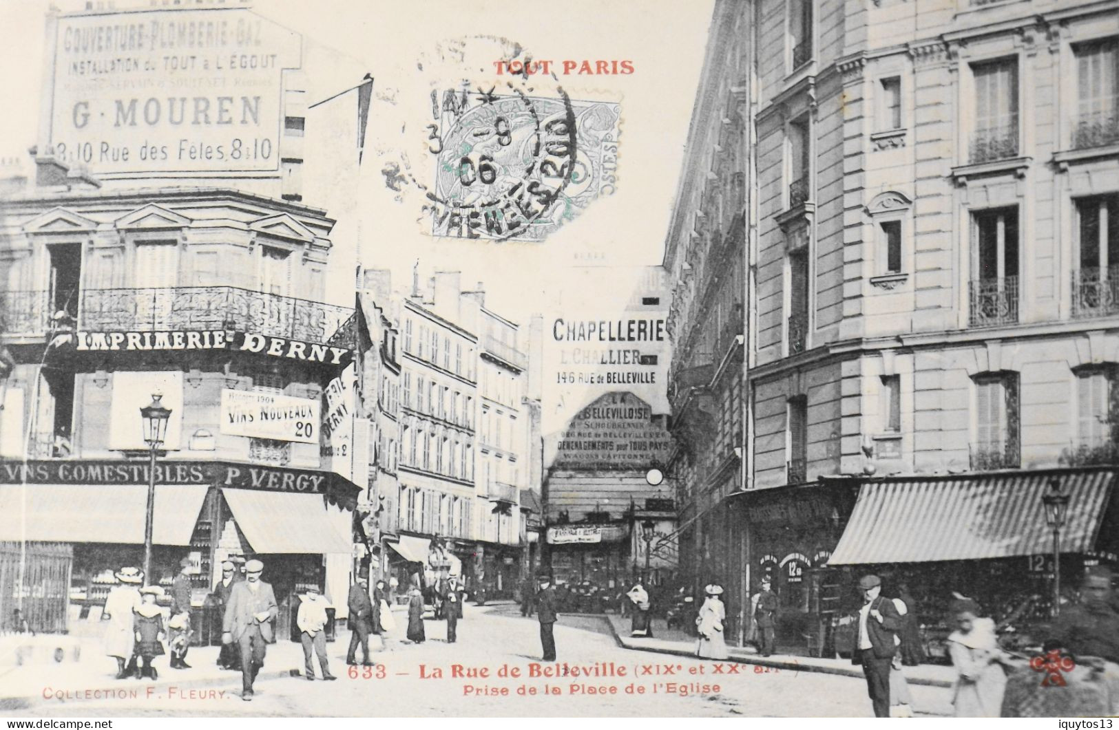 CPA. [75] > TOUT PARIS > N° 633 - La Rue De Belleville Prise De La Pl. (XIXe & XXe Arrt.) - 1905 - Coll. F. Fleury - TBE - Arrondissement: 19