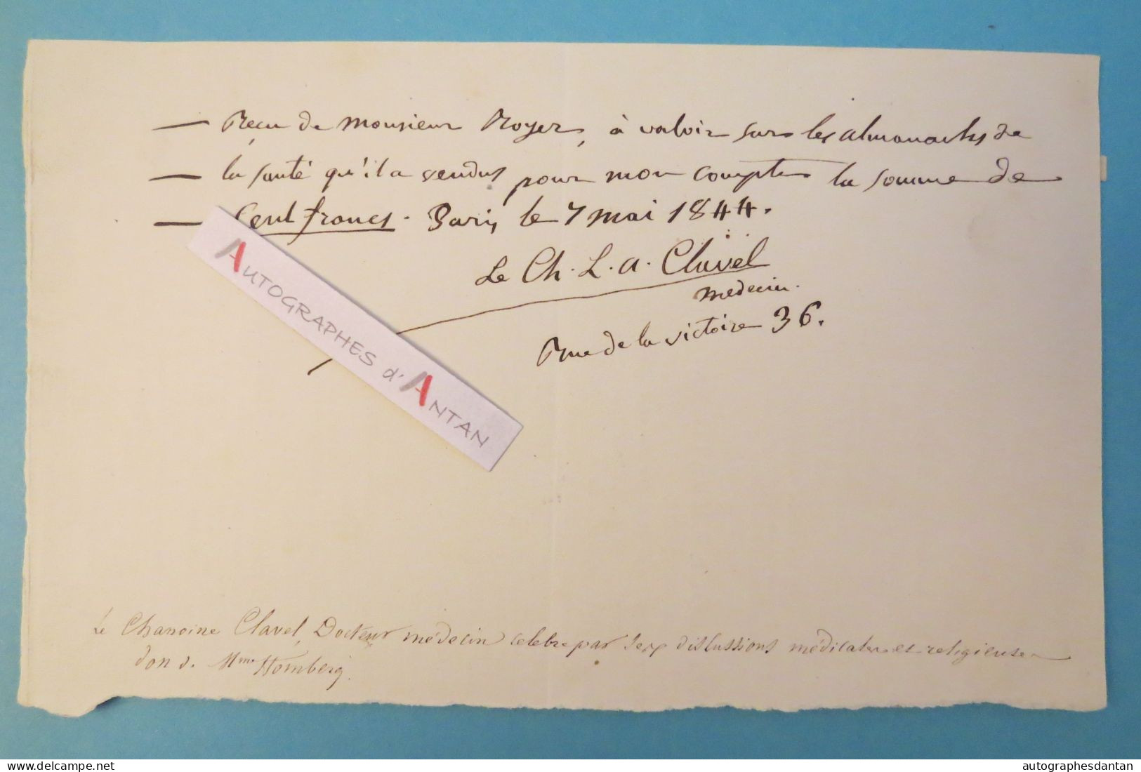 ● 1844 CHANOINE Louis Auguste CLAVEL Médecin Botaniste Né à Saint Geniez D'Olt Aveyron - Lettre Médecine Reçu Autographe - Erfinder Und Wissenschaftler