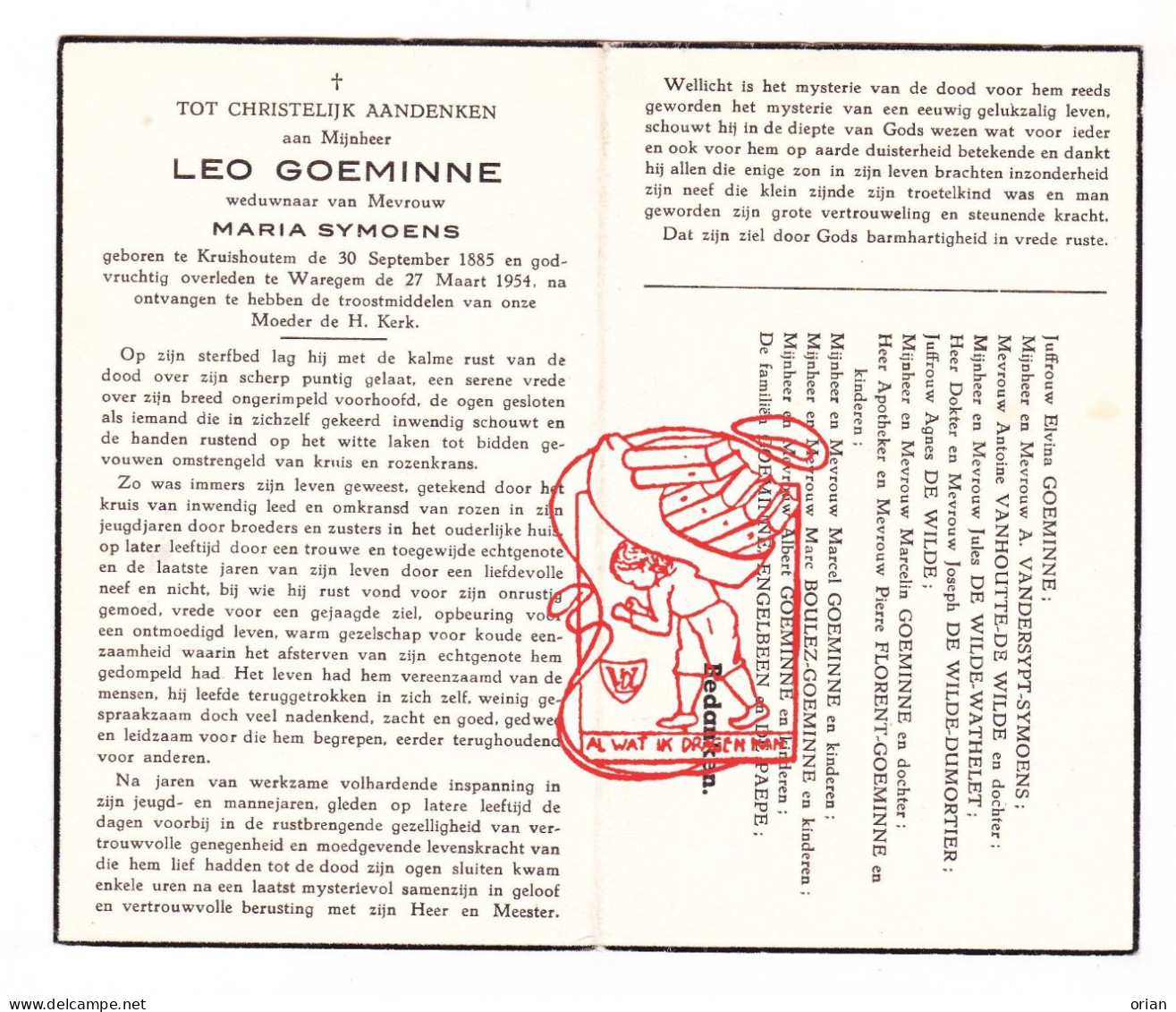 DP Leo Goeminne ° Kruishoutem 1885 † Waregem 1954 Symoens Vandersypt Vanhoutte Wathelet Dumortier Engelbeen De Paepe - Andachtsbilder