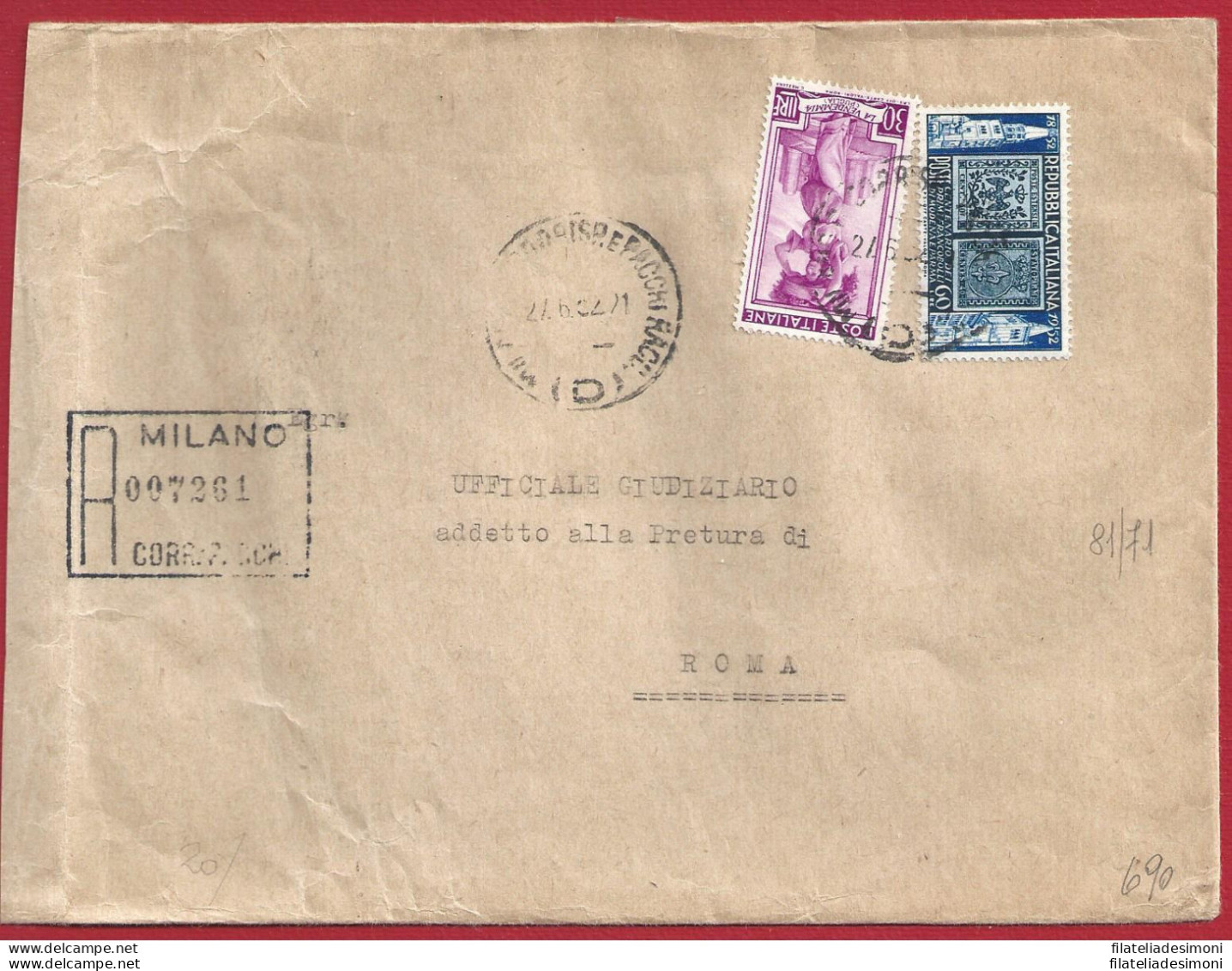 1952 N° 644 + N° 690 Su Lettera Raccomandata Per Roma - Europe