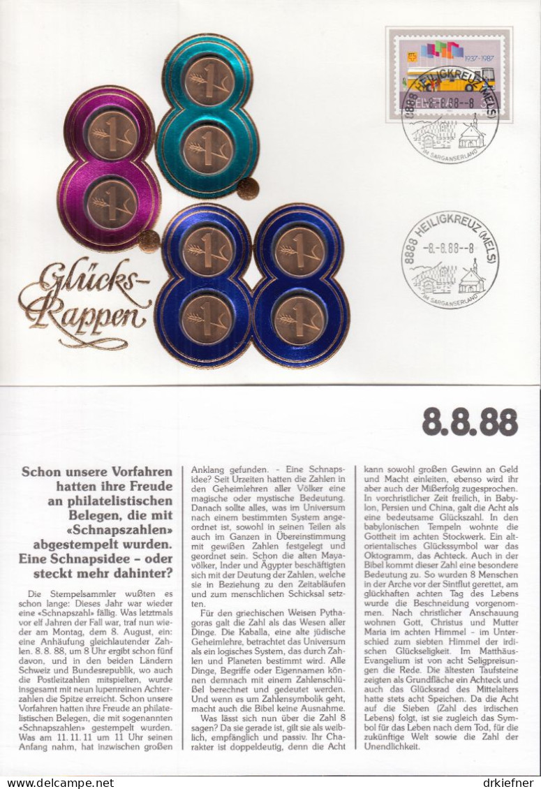 SCHWEIZ Numisbrief Mit 8 Glücks-Rappen, 1988, Stempel 8888 Heiligkreuz 8.8.88, Marke Mi.Nr.1335, Schnapszahl - Storia Postale