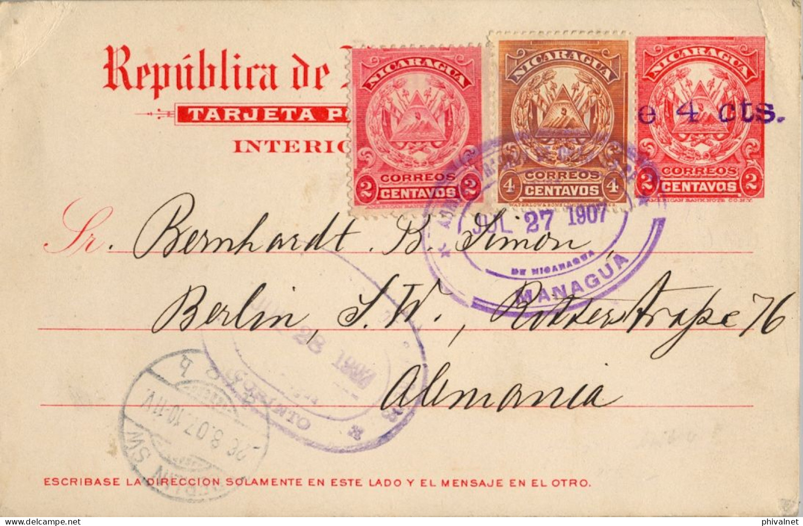 1907 NICARAGUA , ENTERO POSTAL CIRCULADO , MANAGUA - BERLIN , TRÁNSITO CORINTO , LLEGADA , YV. 197 , 222 - Nicaragua