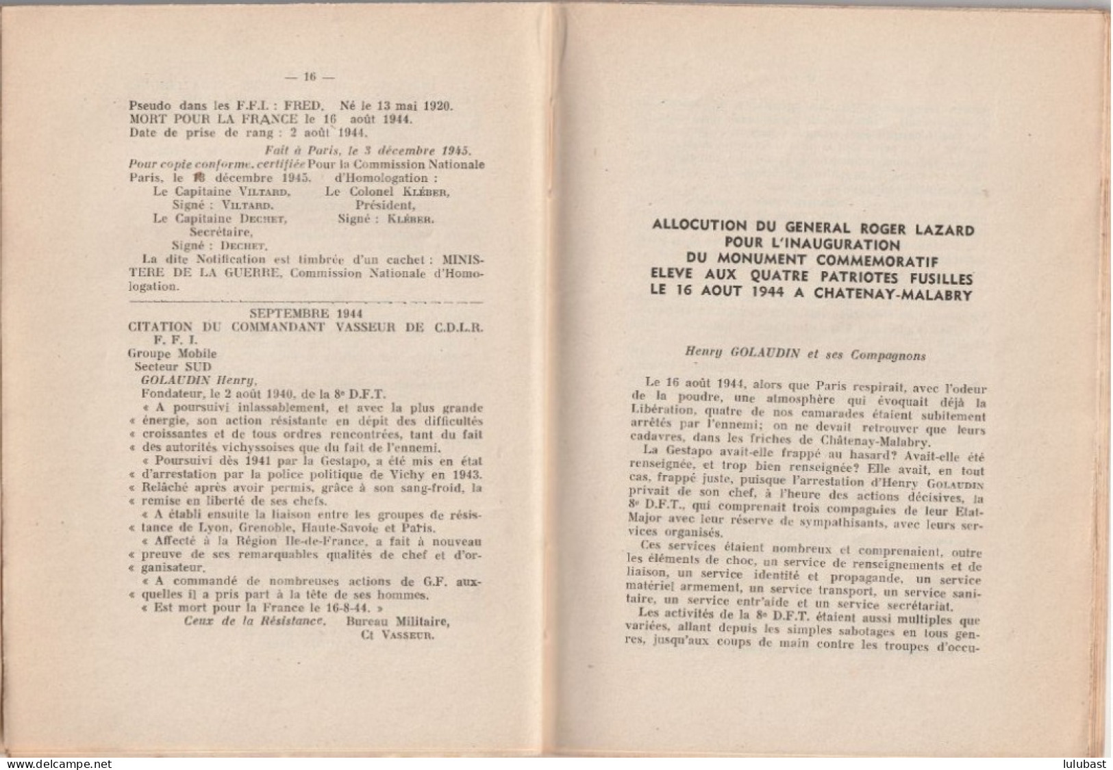 Historique De La 8ème D.F.T. - Son Chef Le Commandant H. GOLAUDIN. Dédicacé Par La Veuve - Chatenay-Malabry. - Guerra 1939-45
