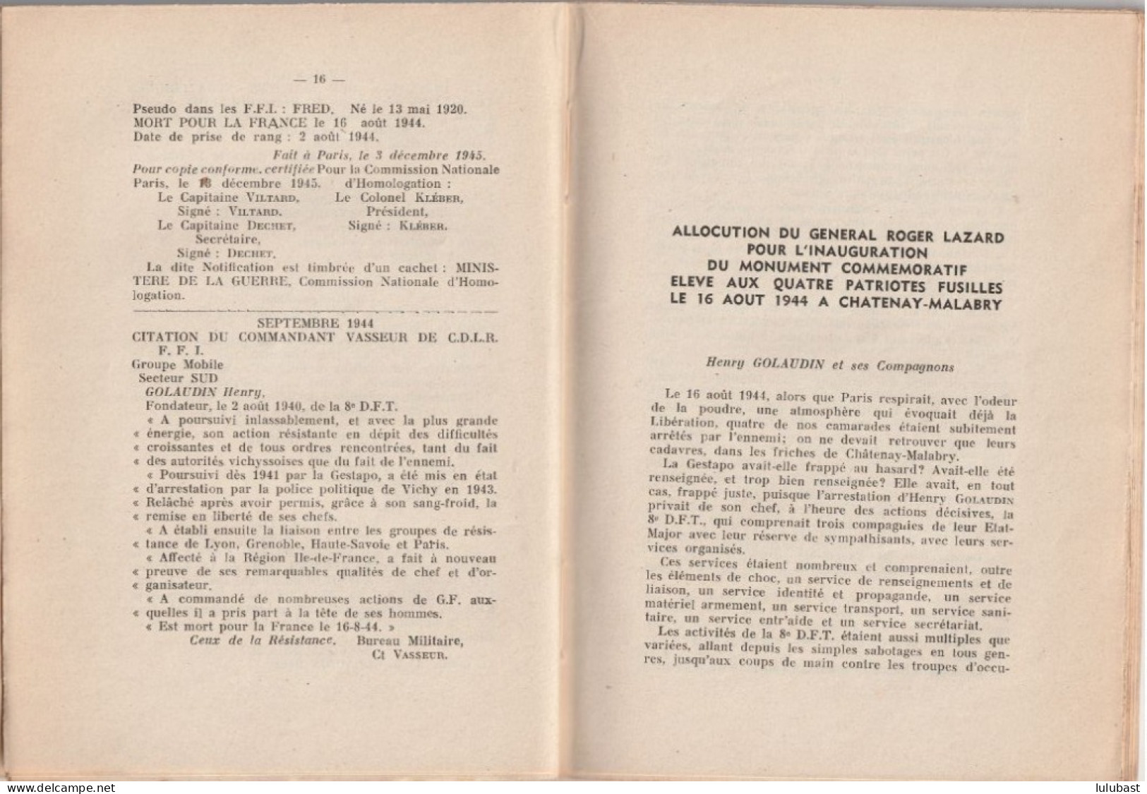 Historique De La 8ème D.F.T. - Son Chef Le Commandant H. GOLAUDIN. Dédicacé Par La Veuve - Chatenay-Malabry. - Guerre 1939-45