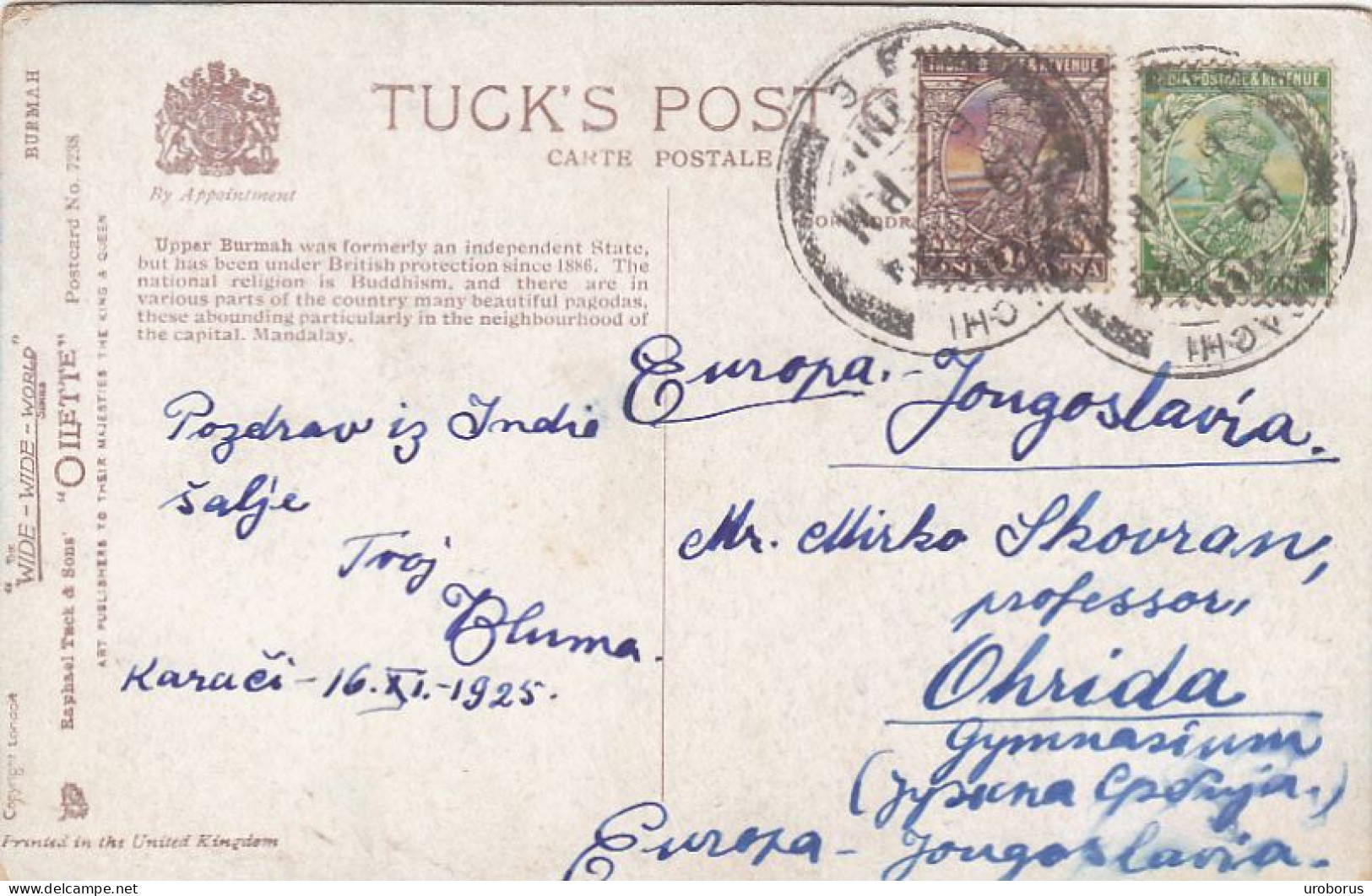 MYANMAR - Burma - Shwegeena Pagoda - Karachi 1925 Cancel - Myanmar (Birma)