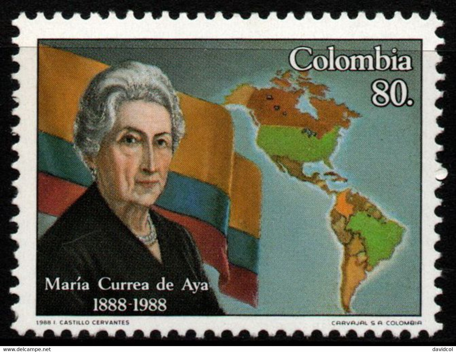 10- KOLUMBIEN - 1988 - MI#:1723 - MNH- MARIA CURREA DE AYA - FLAG / MAP - Colombie