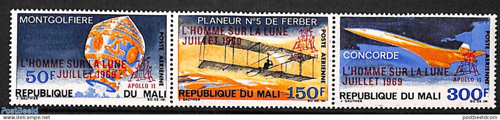 Mali 1969 First Man On The Moon 3v [::], Mint NH, Transport - Balloons - Concorde - Aircraft & Aviation - Space Explor.. - Montgolfier