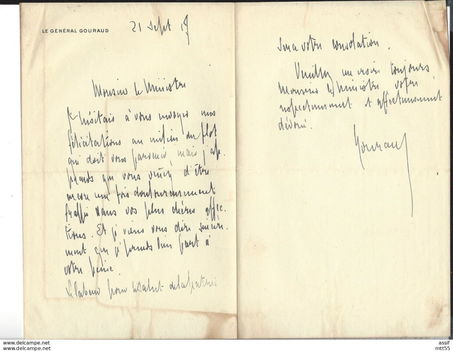 GENERAL GOURAUD Autographe Lettre 1917 ( Condoléances à Un Ministre ) - Politisch Und Militärisch