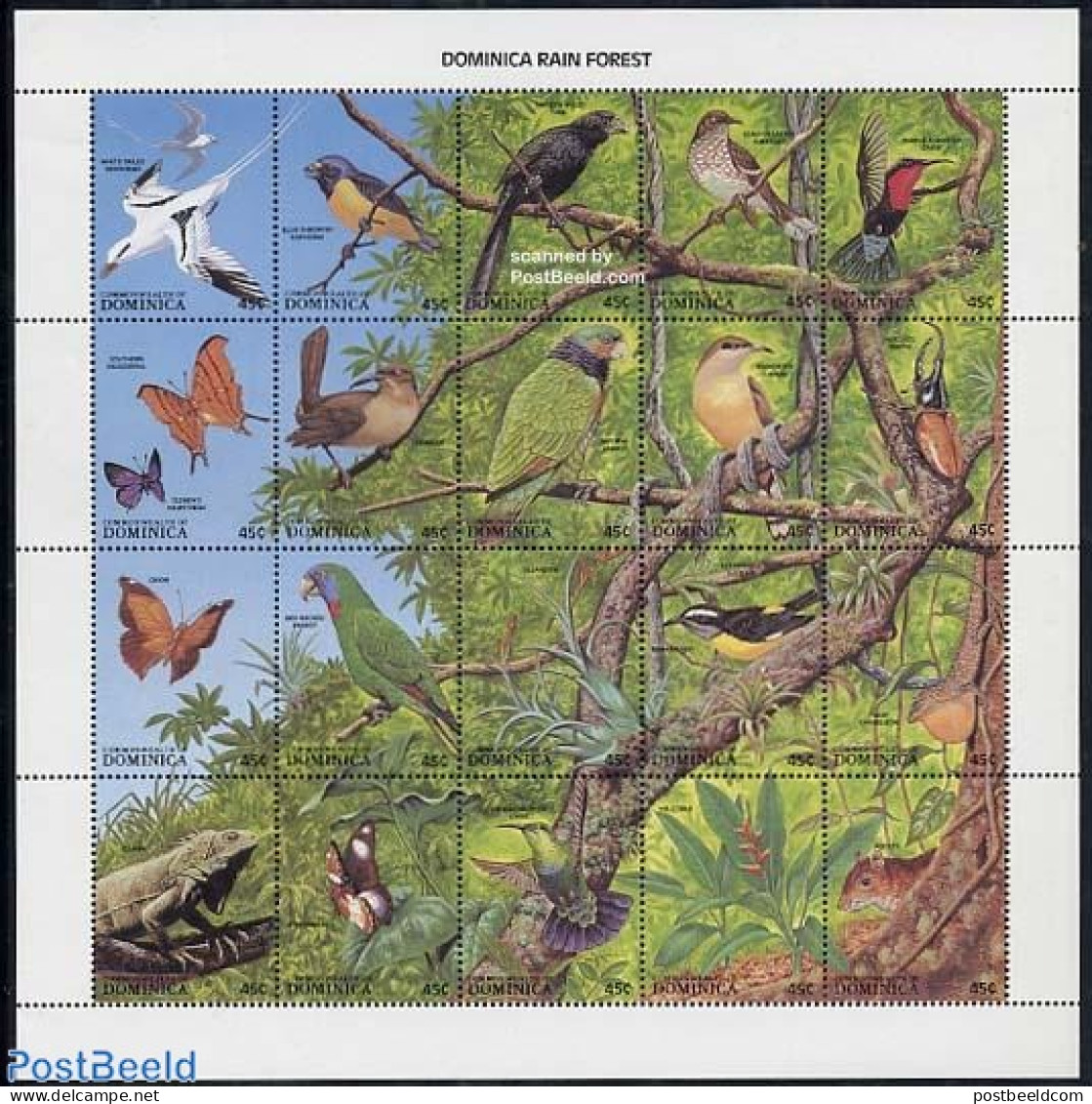 Dominica 1988 Tropical Rain Forest 20v M/s, Mint NH, Nature - Animals (others & Mixed) - Birds - Butterflies - Flowers.. - Dominicaine (République)