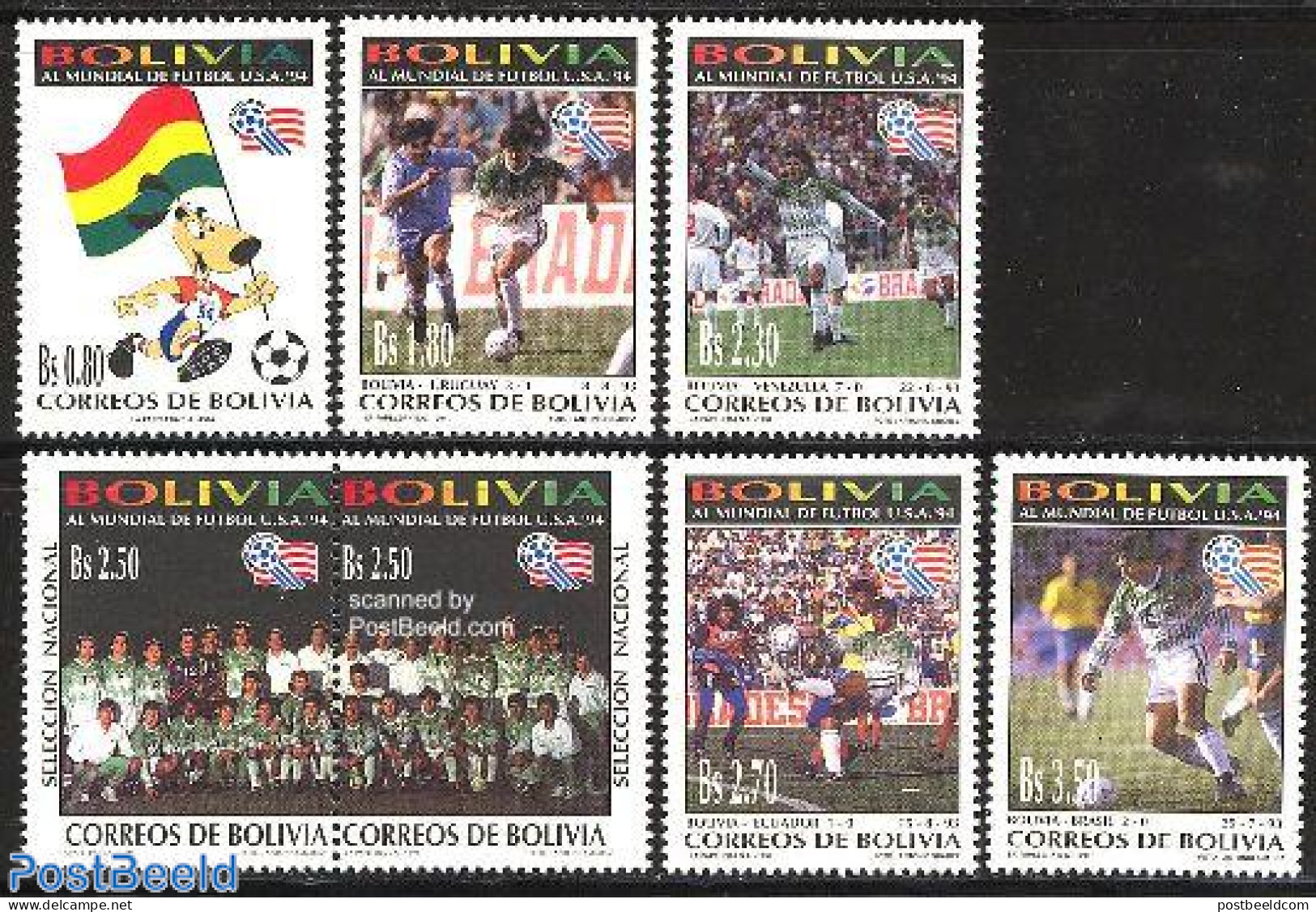 Bolivia 1994 World Cup Football USA 7v, Mint NH, Sport - Football - Bolivië
