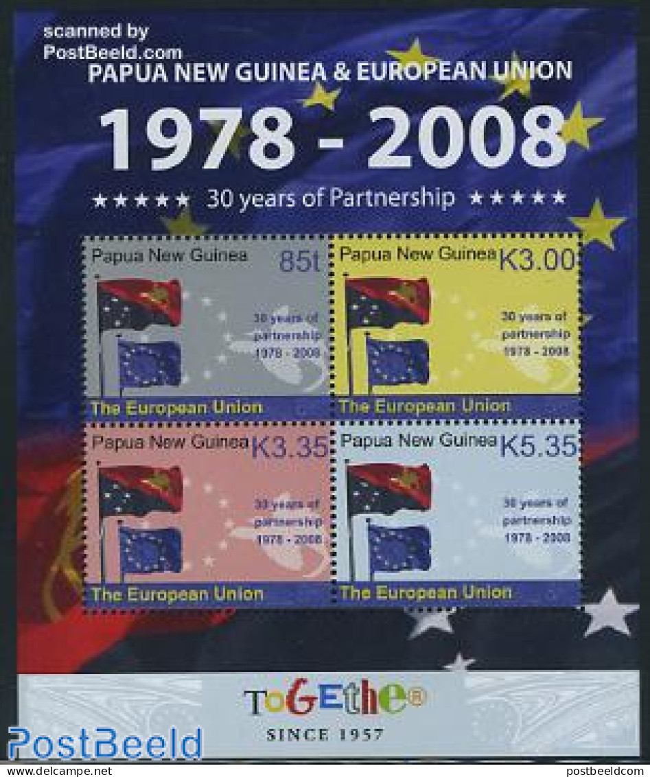 Papua New Guinea 2008 European Union 4v M/s, Mint NH, History - Europa Hang-on Issues - Flags - Europäischer Gedanke