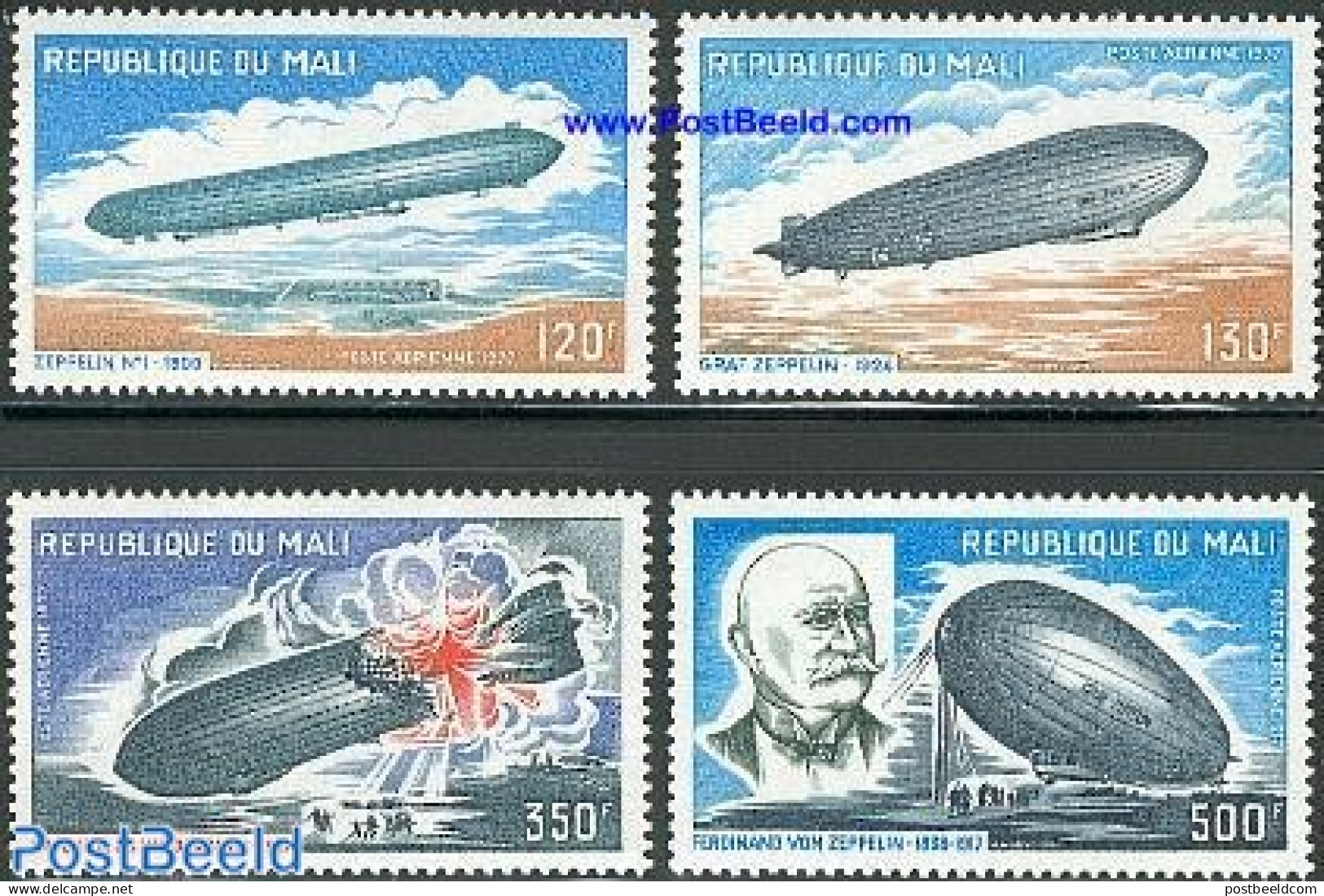 Mali 1977 Zeppelins 4v, Mint NH, History - Transport - Fire Fighters & Prevention - Zeppelins - Disasters - Feuerwehr