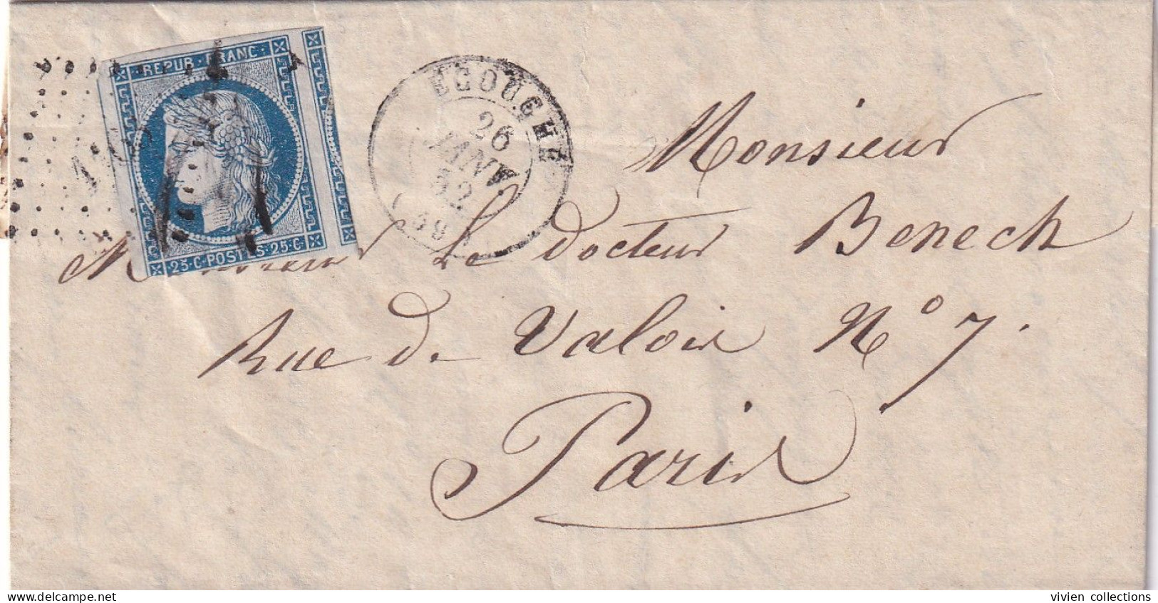 Ecouche (61) France Type Cérès N° 4 Sur Lettre Oblitération PC 1163 De Janvier 1852 Et Annulation Plume 3 Grandes Marges - 1849-1850 Cérès