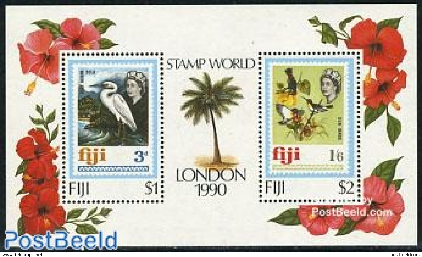 Fiji 1990 Stamp World S/s, Mint NH, Nature - Birds - Stamps On Stamps - Briefmarken Auf Briefmarken