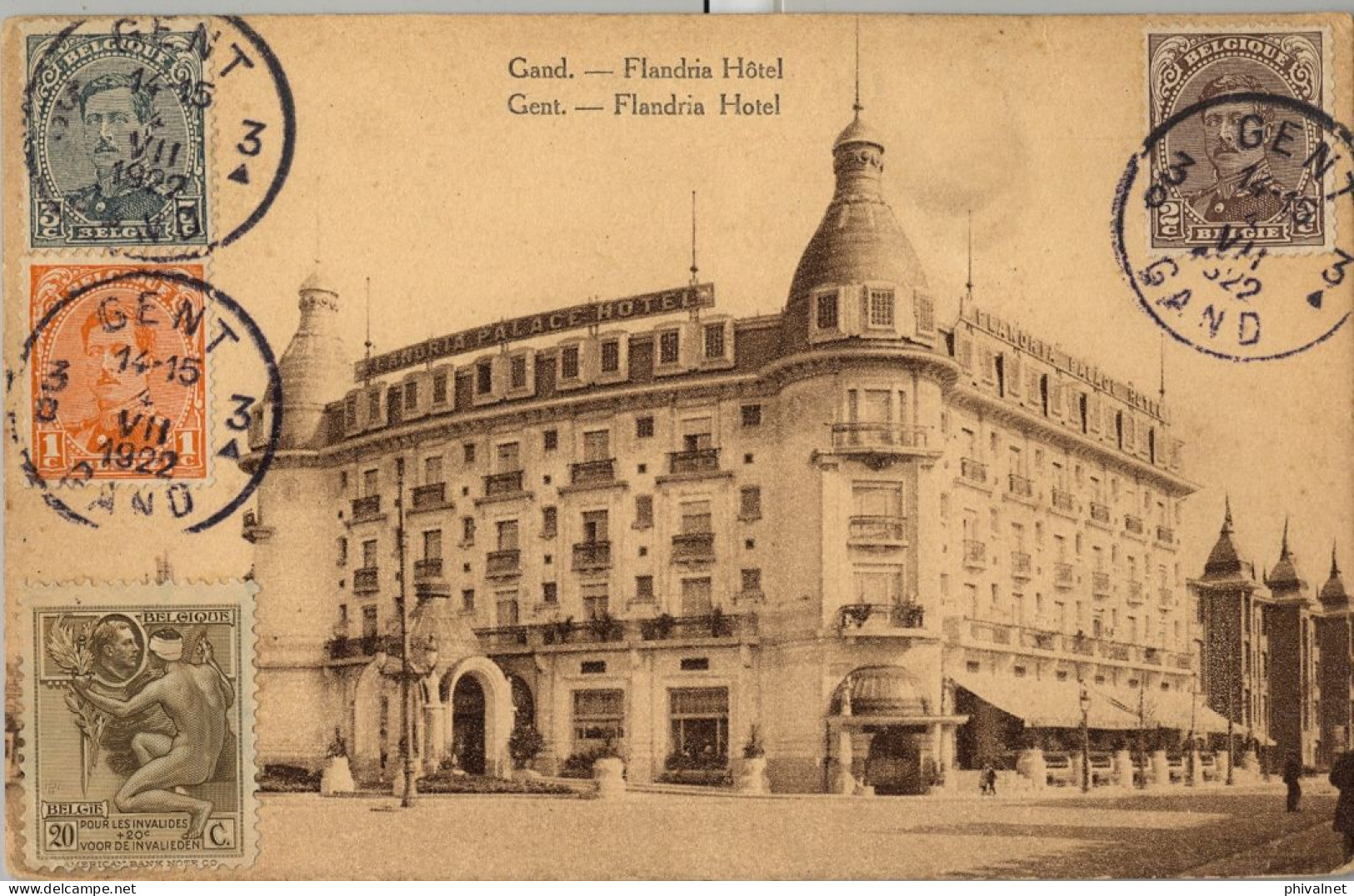 1922 GENT / GAND , FLANDRIA HOTEL , T.P. CIRCULADA , ALBERTO 1º , VIÑETA " POUR LES INVALIDES " - Covers & Documents