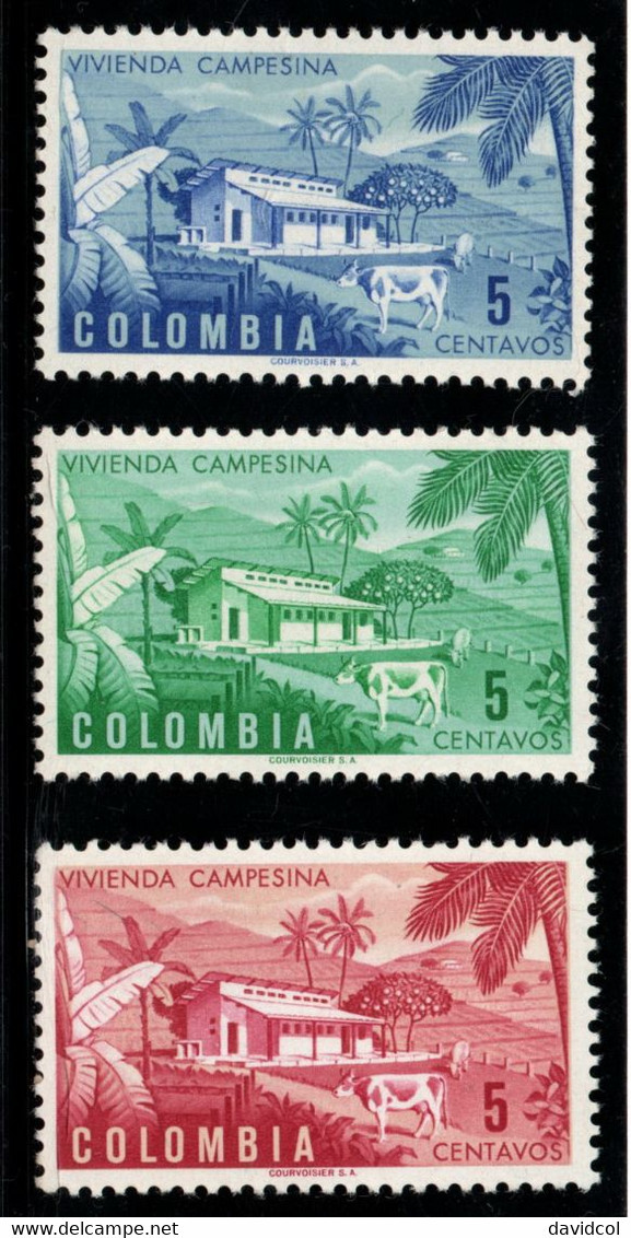 06- KOLUMBIEN - 1950 - MI#: 600-602 - MNH- PEASANT HOUSE - FARM / COWS / TREES / AGRICULTURE - Colombia