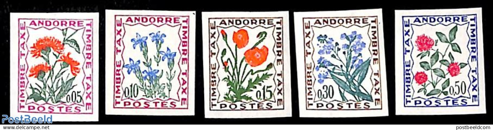 Andorra, French Post 1964 Postage Due, Flowers 5v, Imperforated, Mint NH, Nature - Flowers & Plants - Altri & Non Classificati